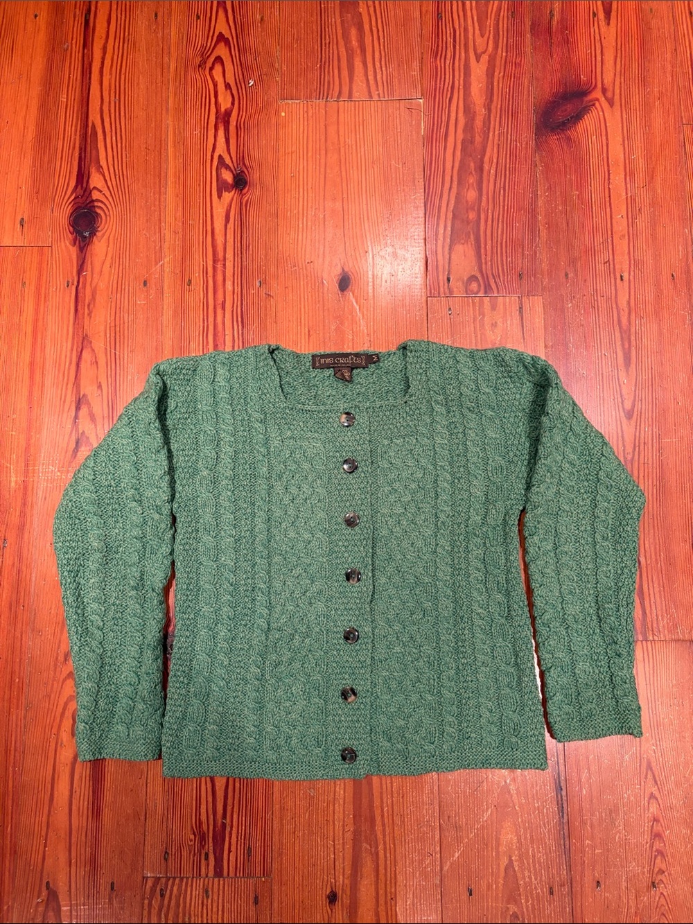 Green Cable Knit Button-Up Sweater Cardigan - Inis Crafts Size Medium